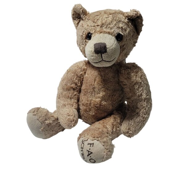 FAO Schwarz Teddy Bear 14 inch Plush Tan Fuzzy Stuffed Animal Toy Stitched Foot - Picture 1 of 7